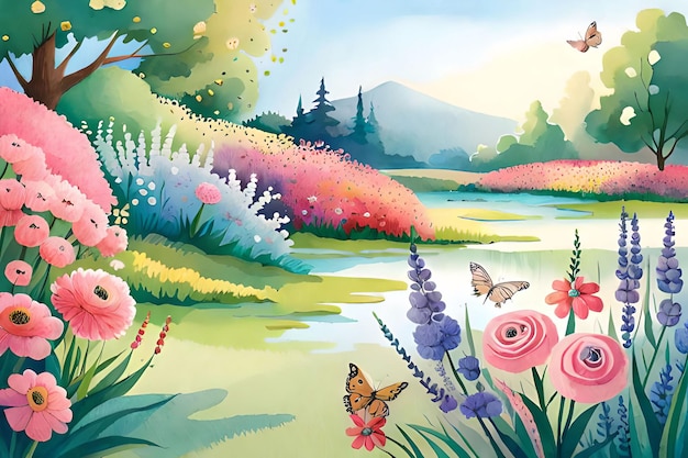 A painting of a river with butterflies and flowers.