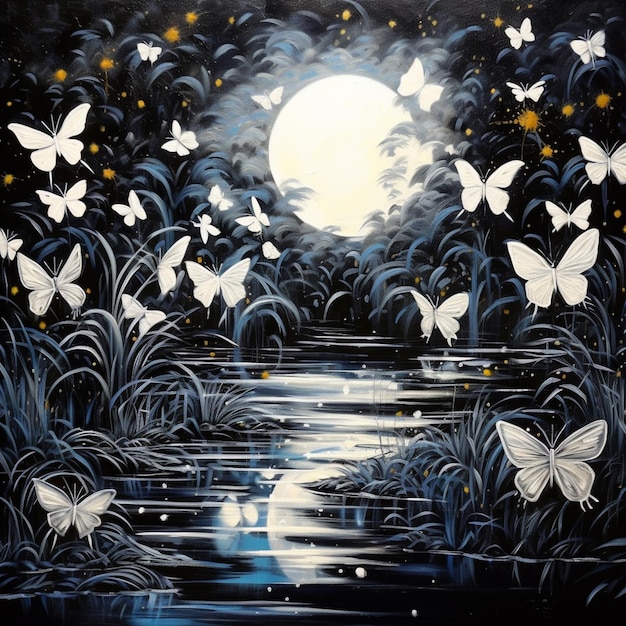 painting of a river with butterflies and a full moon generative ai