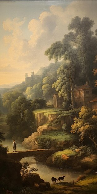 A painting of a river with a castle in the background.