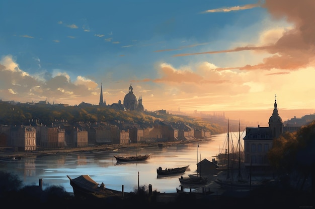 A painting of a river with a city in the background