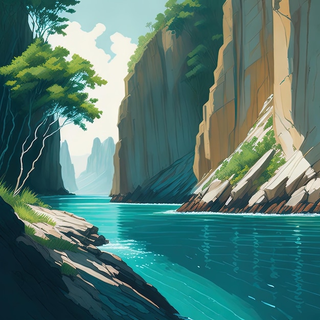 A painting of a river with a cliff in the background