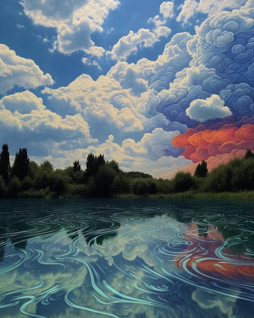 Painting of a river with a colorful sky and clouds in the background generative ai