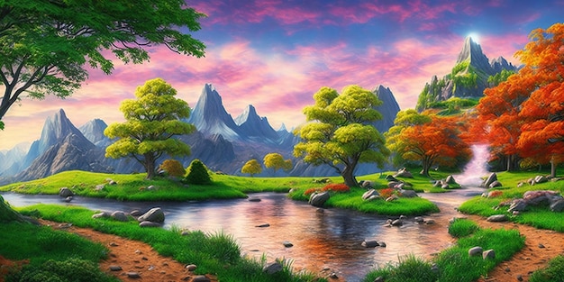 Картина реки с красочным небом и деревьями на переднем плане.