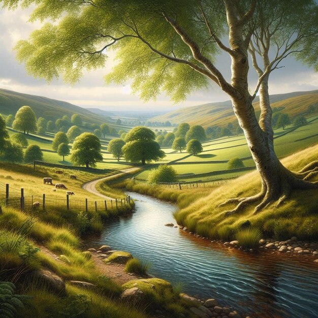 a painting of a river with a fence and a tree