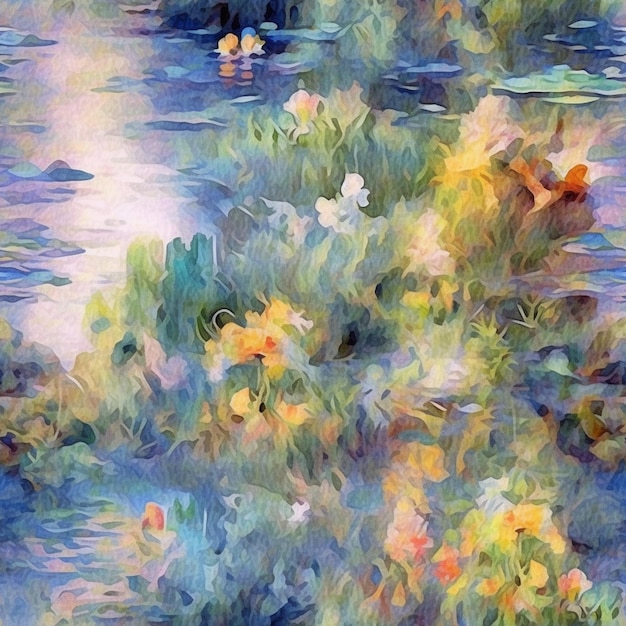 painting of a river with flowers and grass in the foreground generative ai