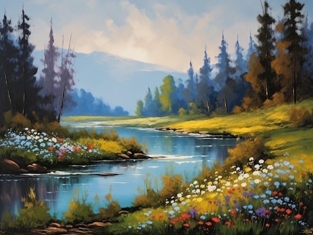 A painting of a river with flowers on it