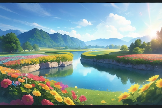 A painting of a river with flowers and mountains in the background.