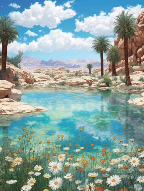 painting of a river with flowers and palm trees in the desert generative ai