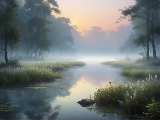 a painting of a river with a foggy landscape in the background