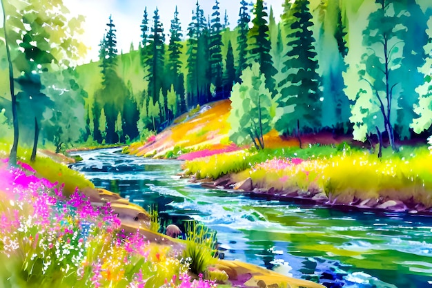 A painting of a river with a forest and flowers.