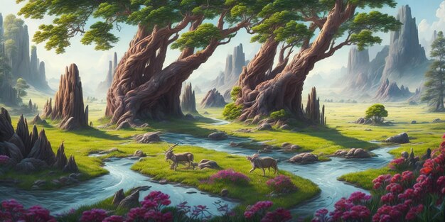 A painting of a river with a forest scene and animals.