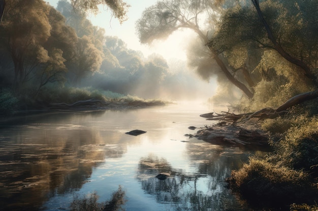 A painting of a river with a forest and the sun shining through the trees.