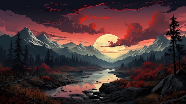 Premium AI Image | a painting of a river with a full moon in the ...