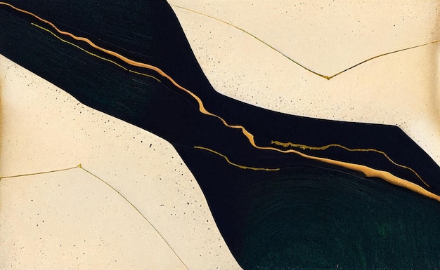 A painting of a river with gold lines and black lines.