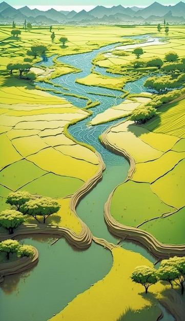 A painting of a river with a green landscape and trees in the background.