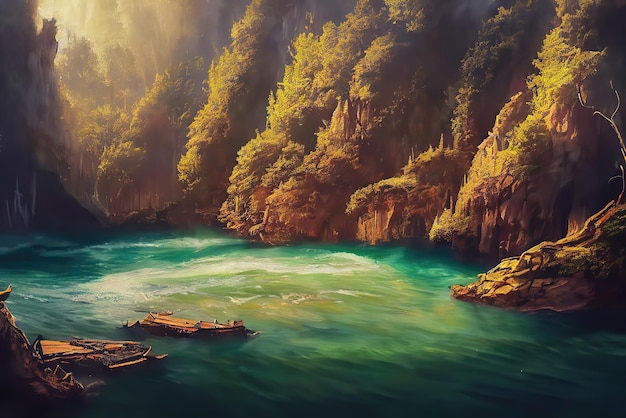 A painting of a river with a green river and a boat in the water.