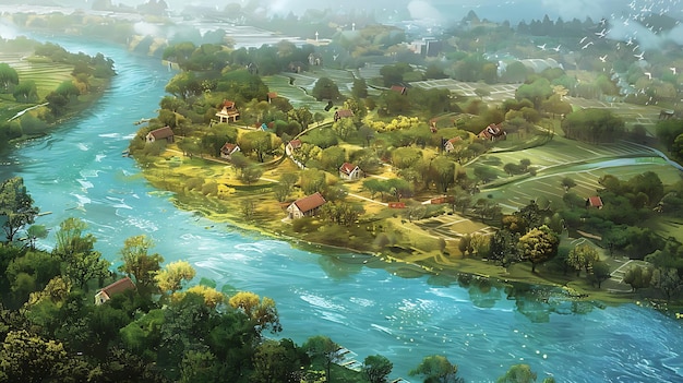 a painting of a river with houses and trees
