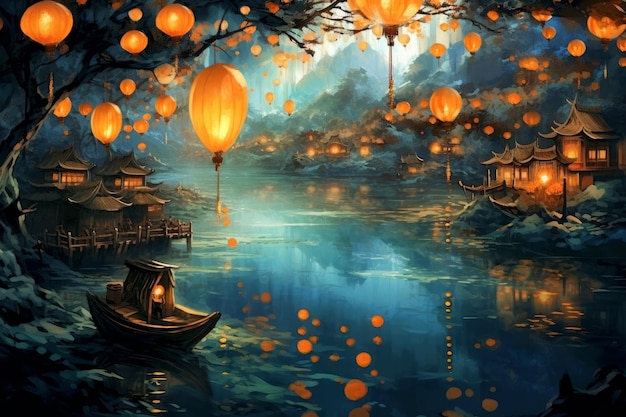 A painting of a river with lanterns on it