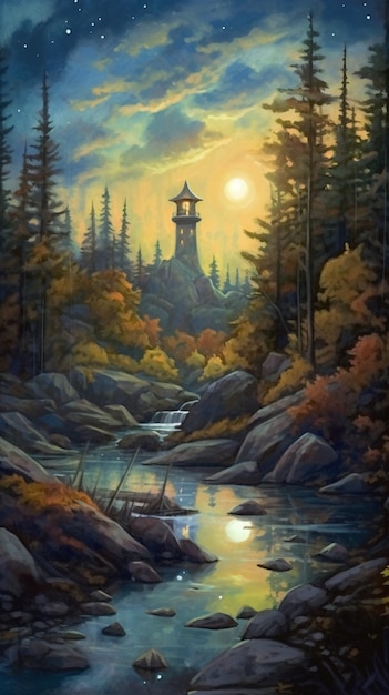 Painting of a river with a lighthouse in the distance and trees in the foreground generative ai