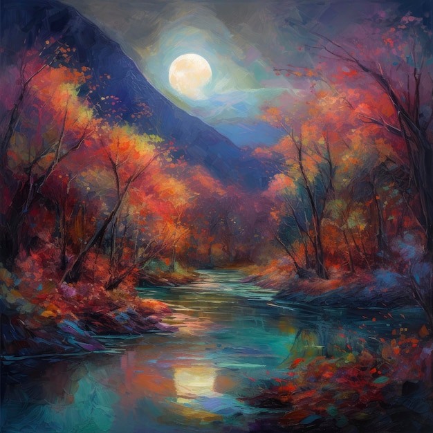 A painting of a river with a moon in the sky.