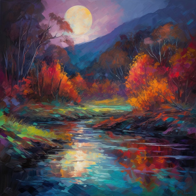 A painting of a river with a moon in the sky