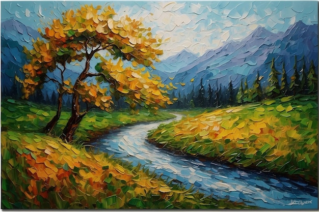 a painting of a river with a mountain in the background