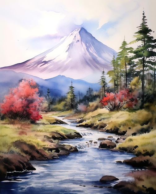 Painting of river with mountain landscape