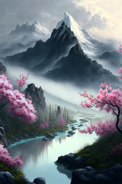 Painting of a river with mountains in the background generative ai