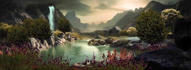 A painting of a river with mountains in the background