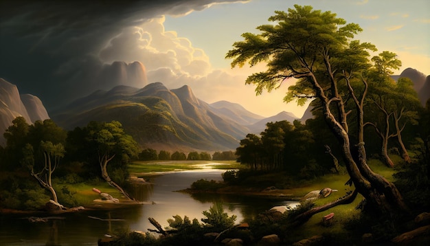 A painting of a river with mountains in the background