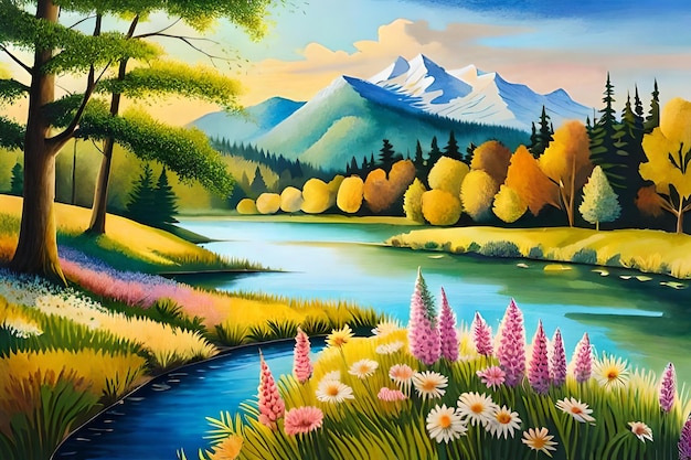 A painting of a river with mountains in the background