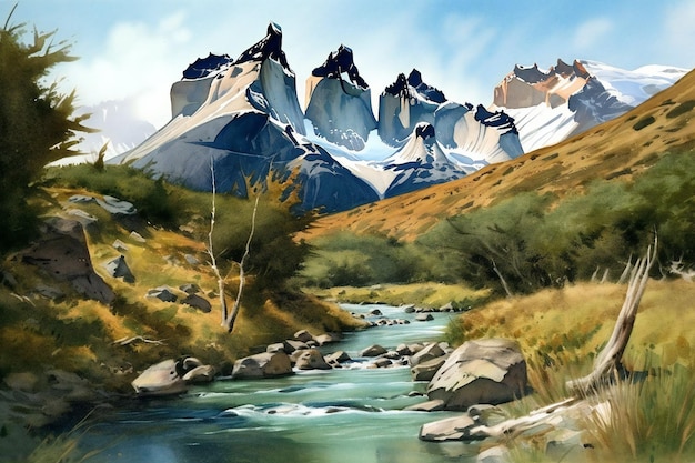 Photo a painting of a river with mountains in the background