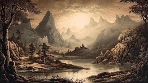 A painting of a river with mountains in the background.