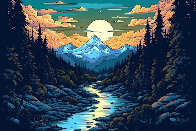 A painting of a river with mountains in the background.