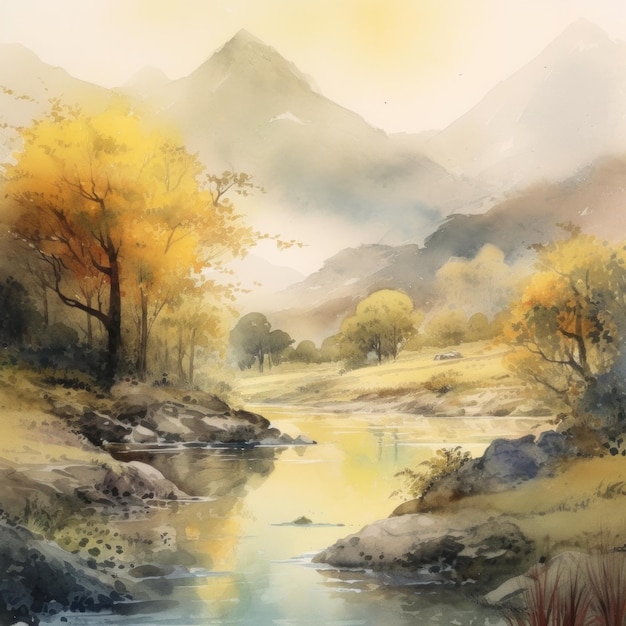 산을 배경으로 강을 그린 그림.
