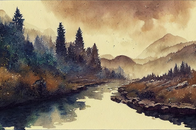 A painting of a river with mountains in the background.