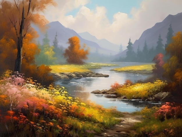 A painting of a river with mountains in the background