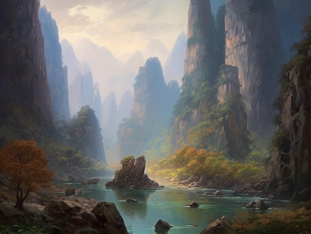 A painting of a river with mountains in the background