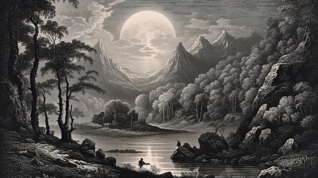 A painting of a river with mountains and a moon.