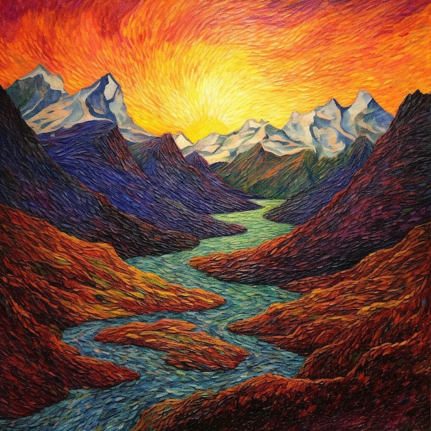 A painting of a river with mountains and a sunset in the background.