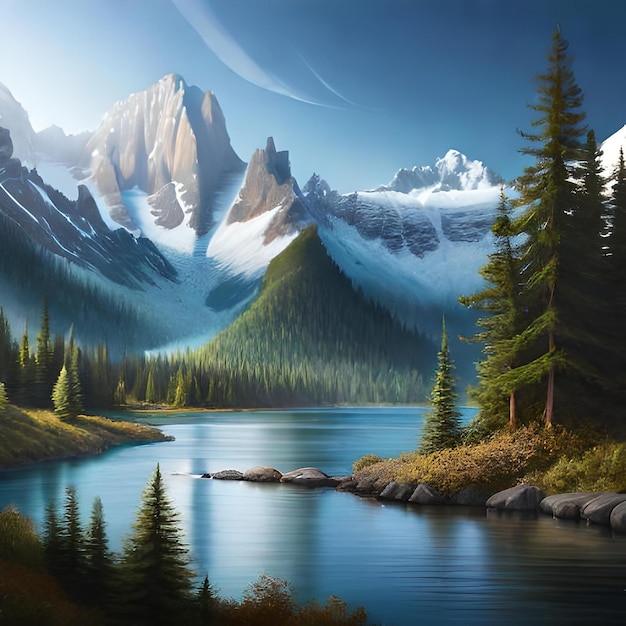 A painting of a river with mountains and trees.