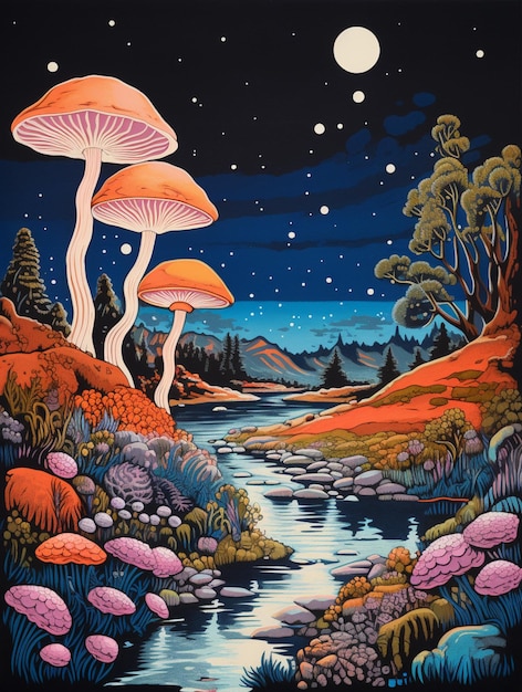 painting of a river with mushrooms and trees in the background generative ai