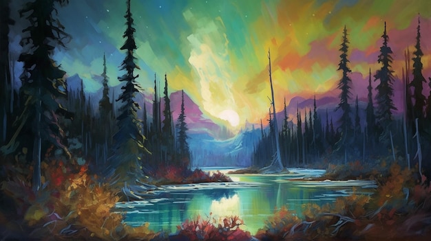 A painting of a river with the northern lights on it.