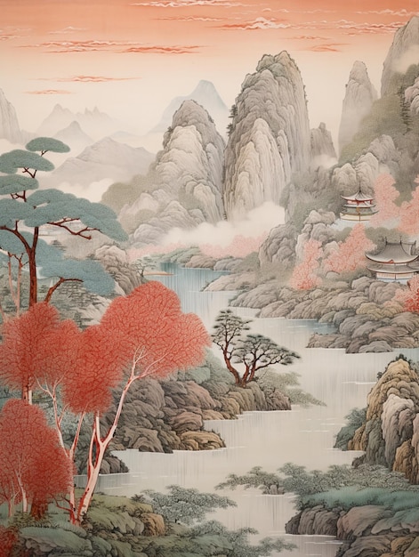 painting of a river with a pagoda in the distance and a mountain in the background generative ai