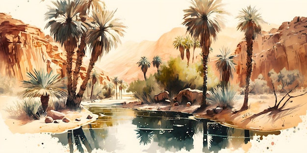 A painting of a river with palm trees in the desert.