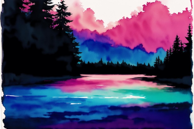 A painting of a river with a pink sky and a blue sky with the word forest on it.