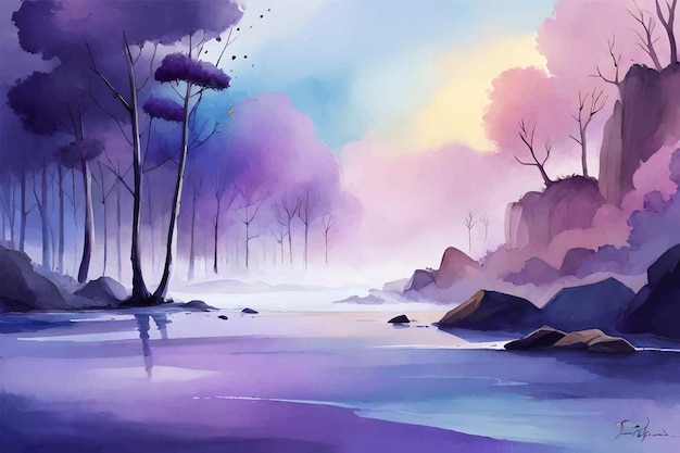 A painting of a river with purple trees and a purple sky.