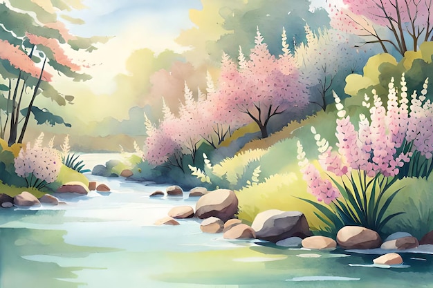 A painting of a river with a river and a forest scene.