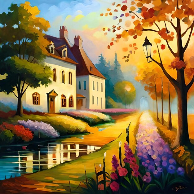 Картина о реке с рекой и доме с рекою и деревьями.