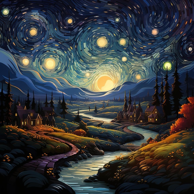 a painting of a river with a river and the moon in the sky.